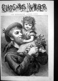Antique Old Print Sweet Little Cherub Sits Up Aloft Man Hing Girl Holly 1881