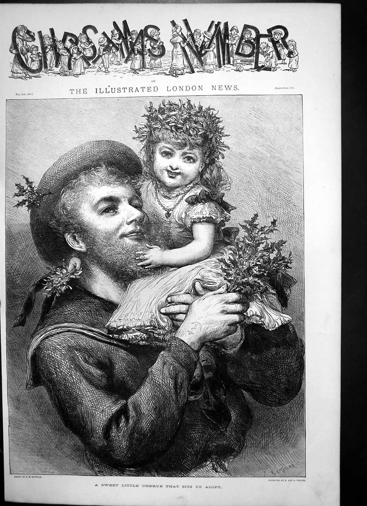 Antique Old Print Sweet Little Cherub Sits Up Aloft Man Hing Girl Holly 1881