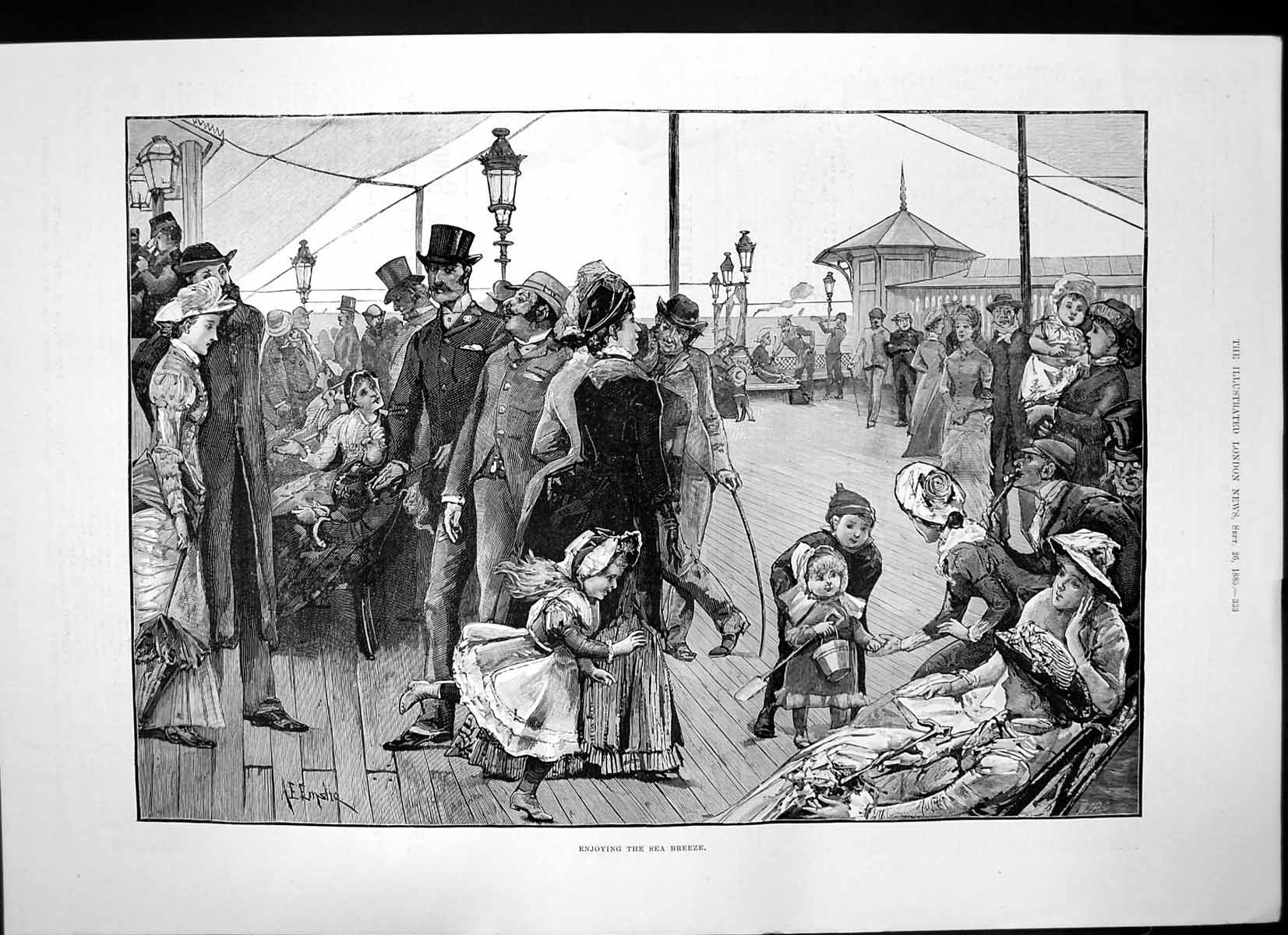 Antique Old Print Enjoying Sea Breeze Adults Children Waiting Sea Front 1885