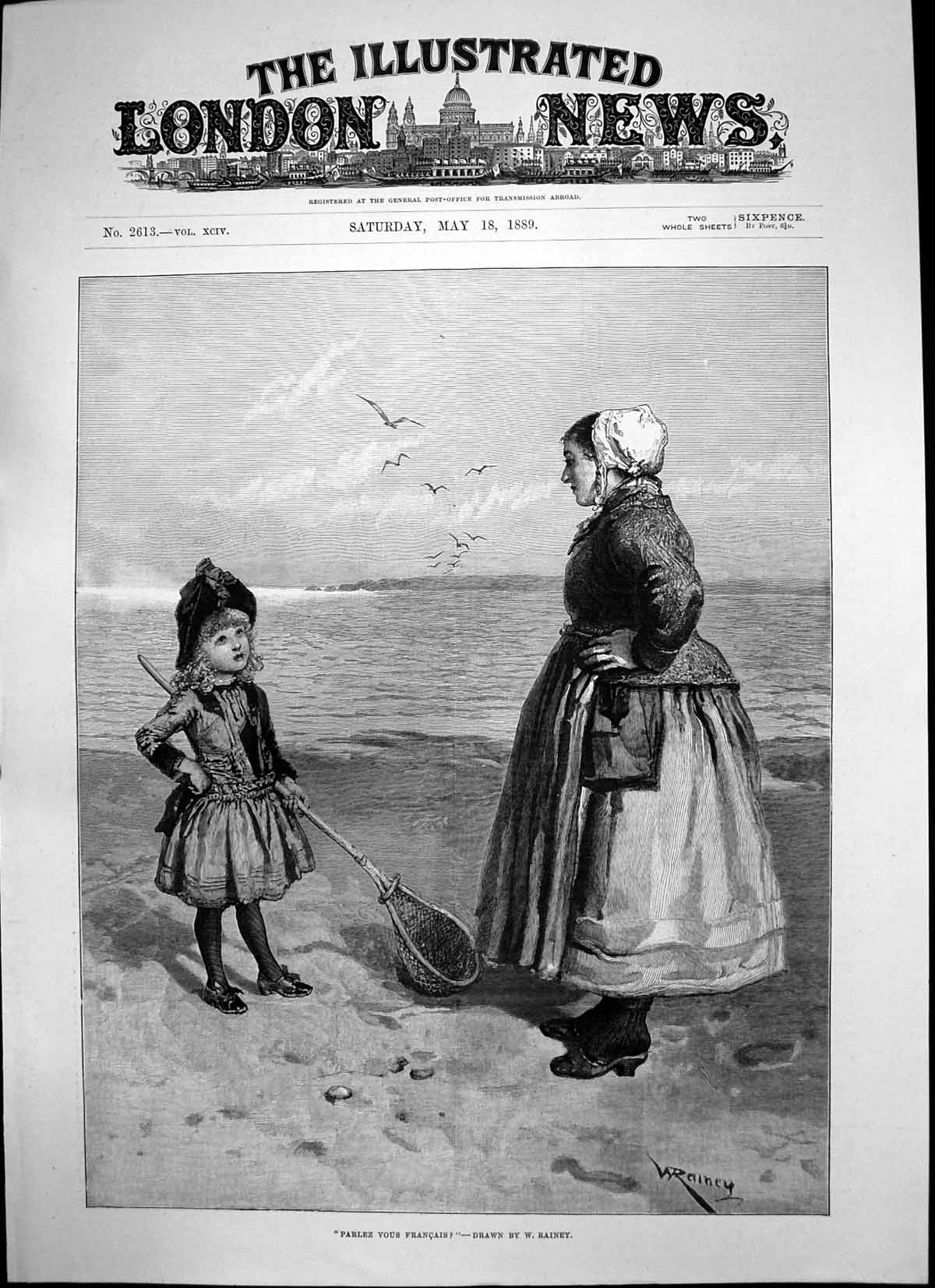 Antique Old Print Parlez Vous Francais W Rainey Child Net Lady Cap Sands 1889