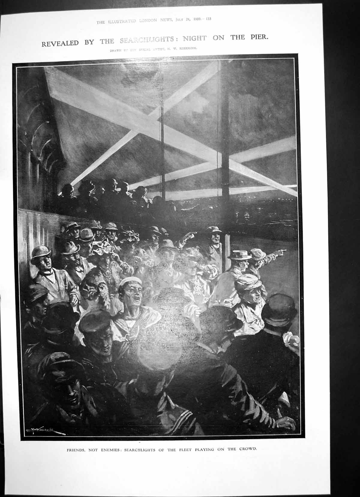 Antique Old Print Friends Not Enemies Searchlights Fleet Playing Crowd 1909
