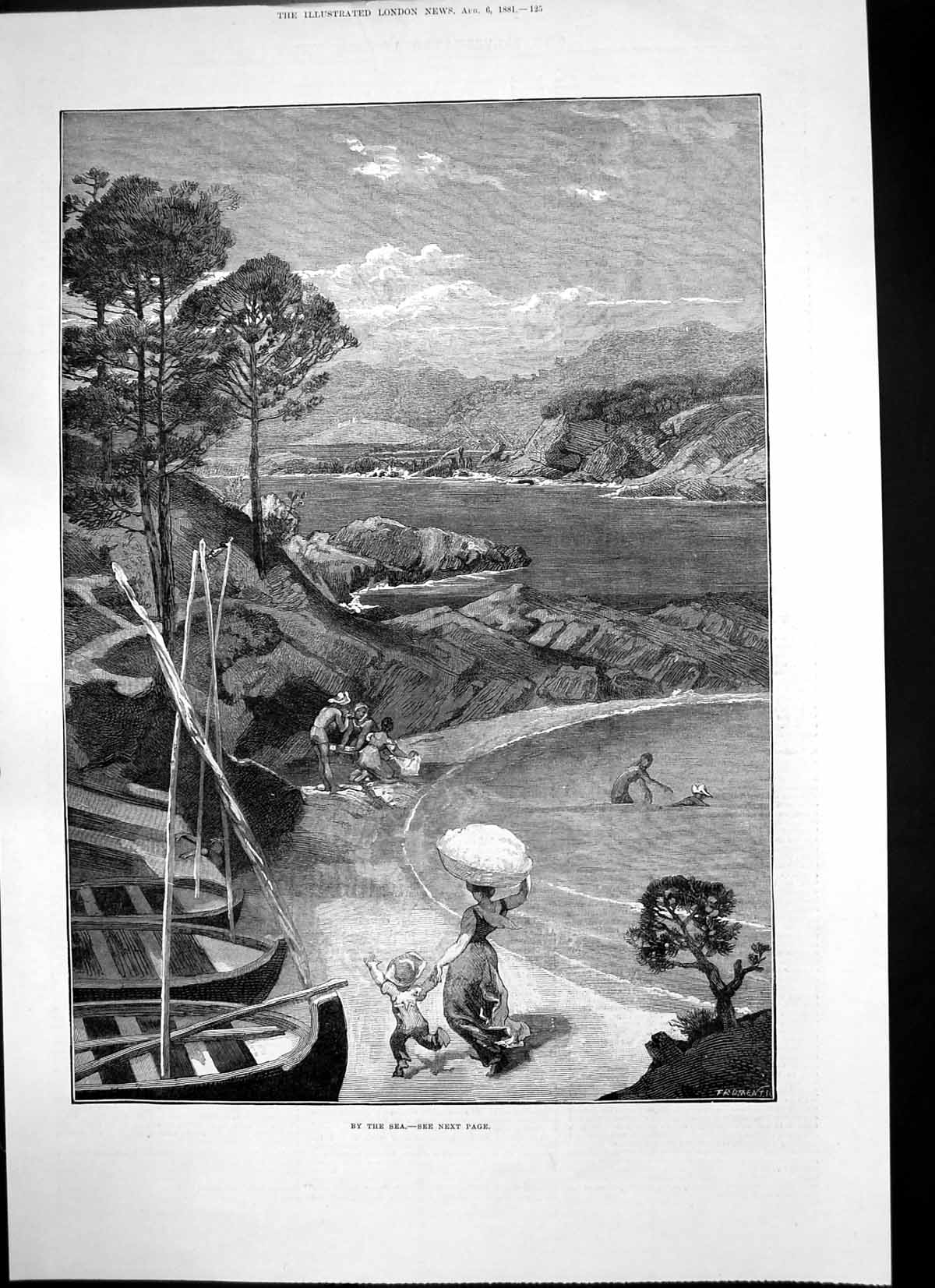 Original Old Antique Print Group People By Sea Bathing Playing Sands Rocks 1881