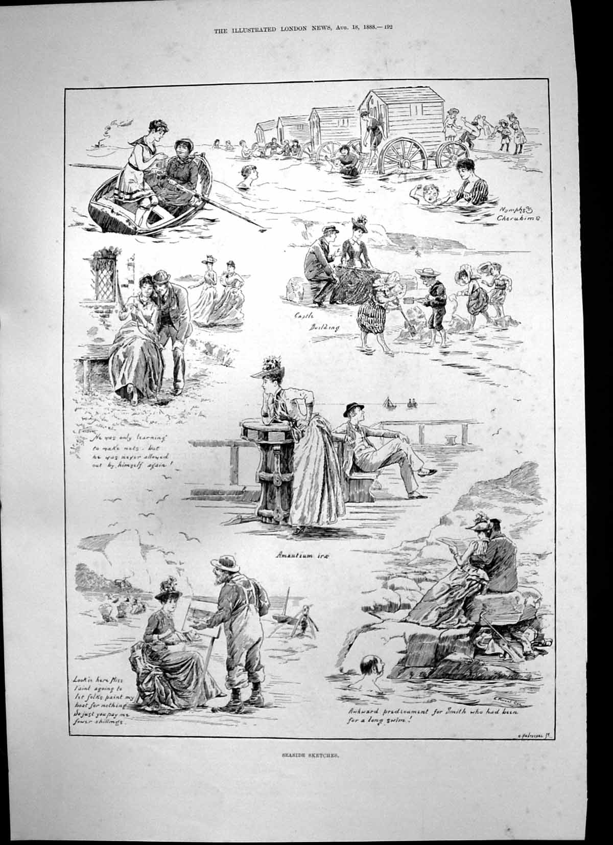 Antique Old Print Seaside Sketches Artist Painting Sweethearts Reading 1888