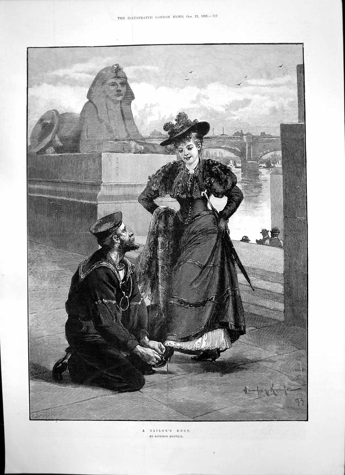 Old Print Sailors Knot Davidson Knowles Sailor Ties Young Ladys Shoe 1893 19th