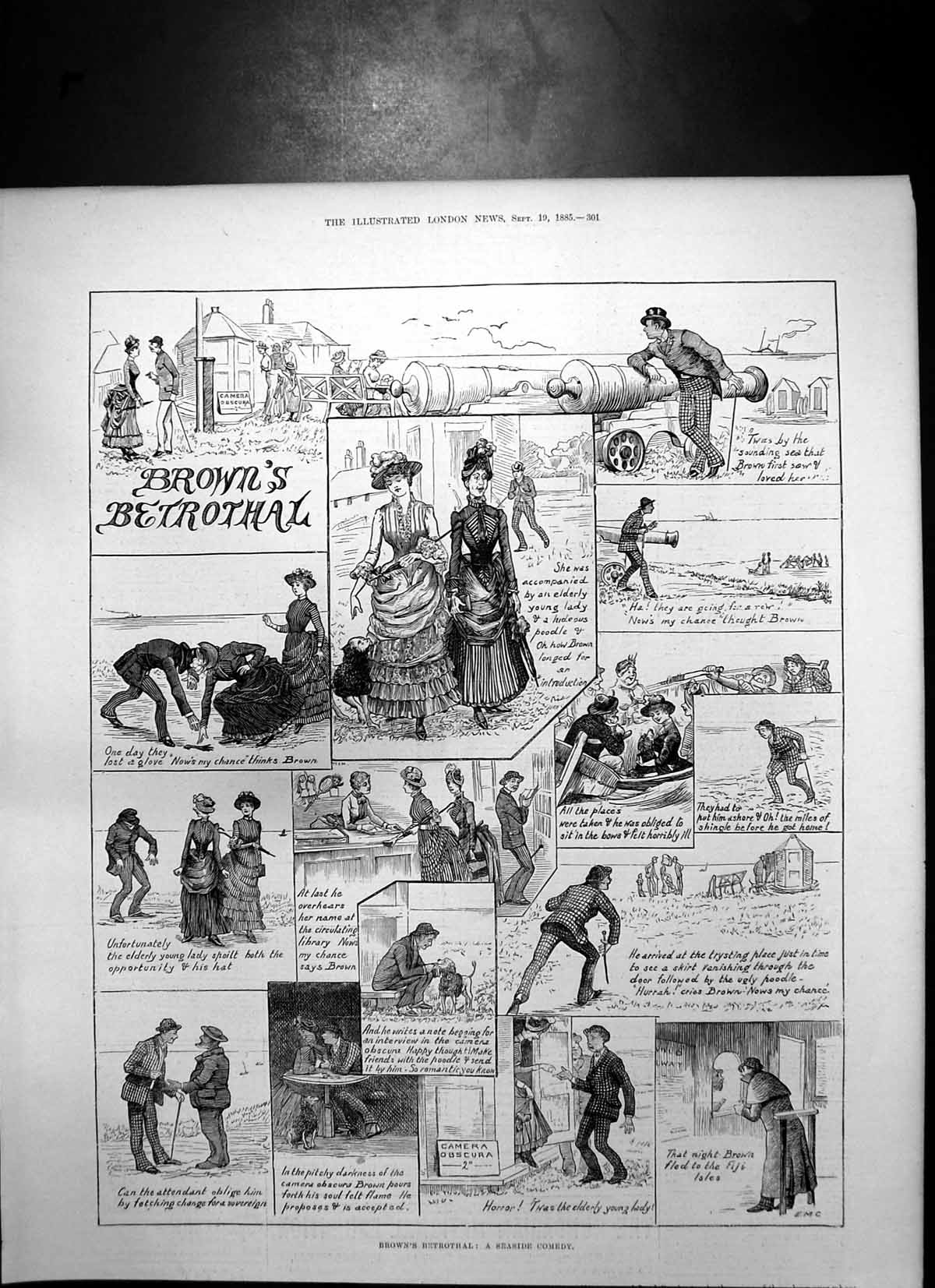 Old Antique Print Browns Betrothal Seaside Comedy Brown Young Lady 1885 19th