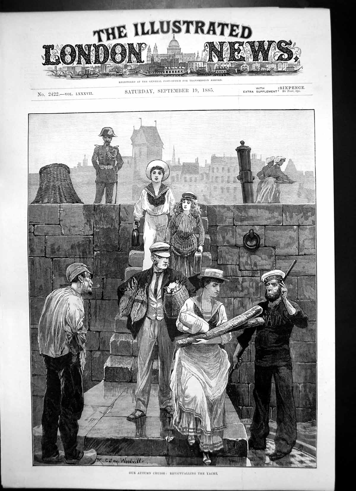 Old Print Our Autumn Cruise Revictualling Yacht Steps Quay Provision1885 19th