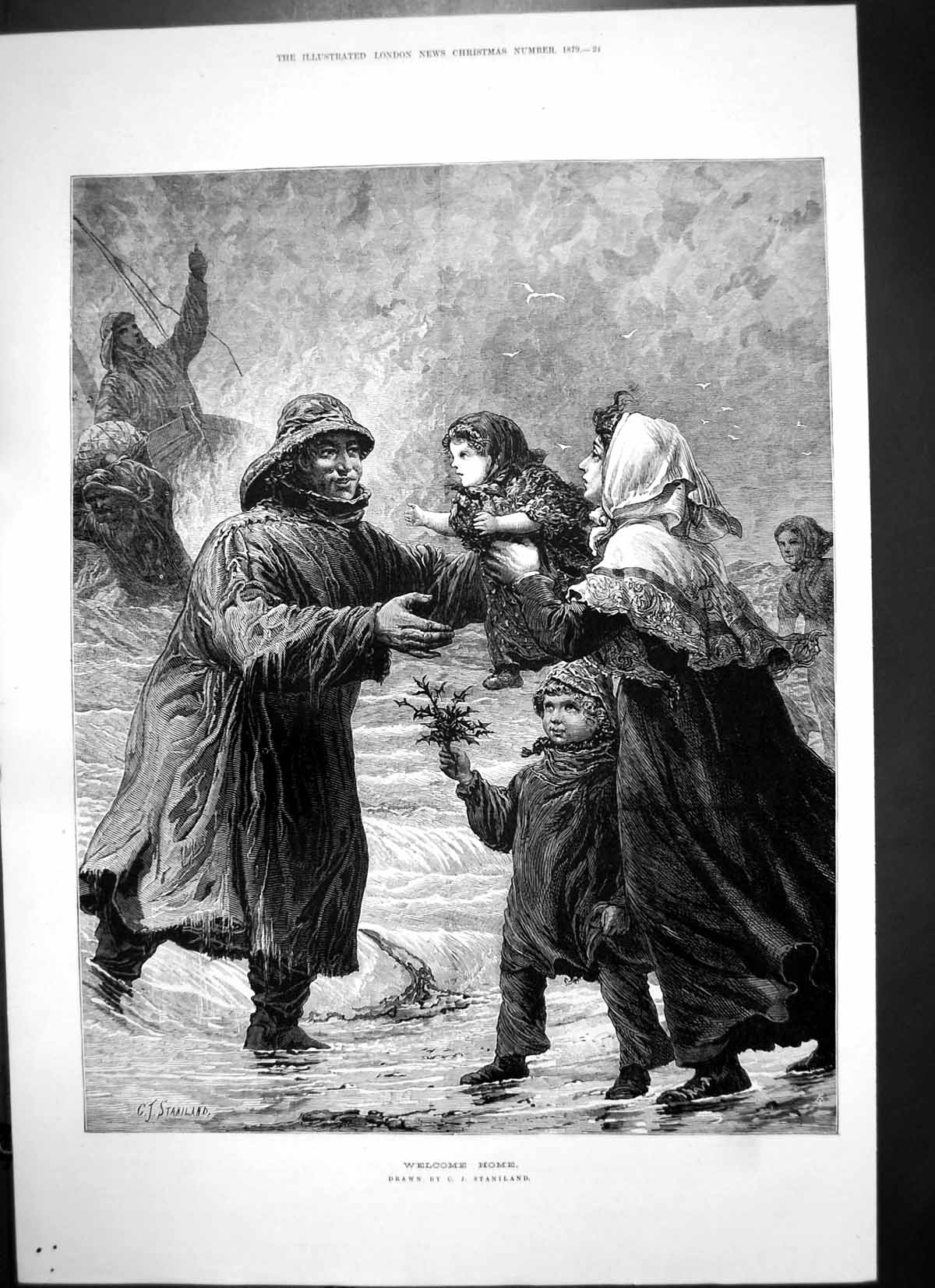 Old Antique Print Welcome Home Fisherman Return Wife Children Baby 1879 19th
