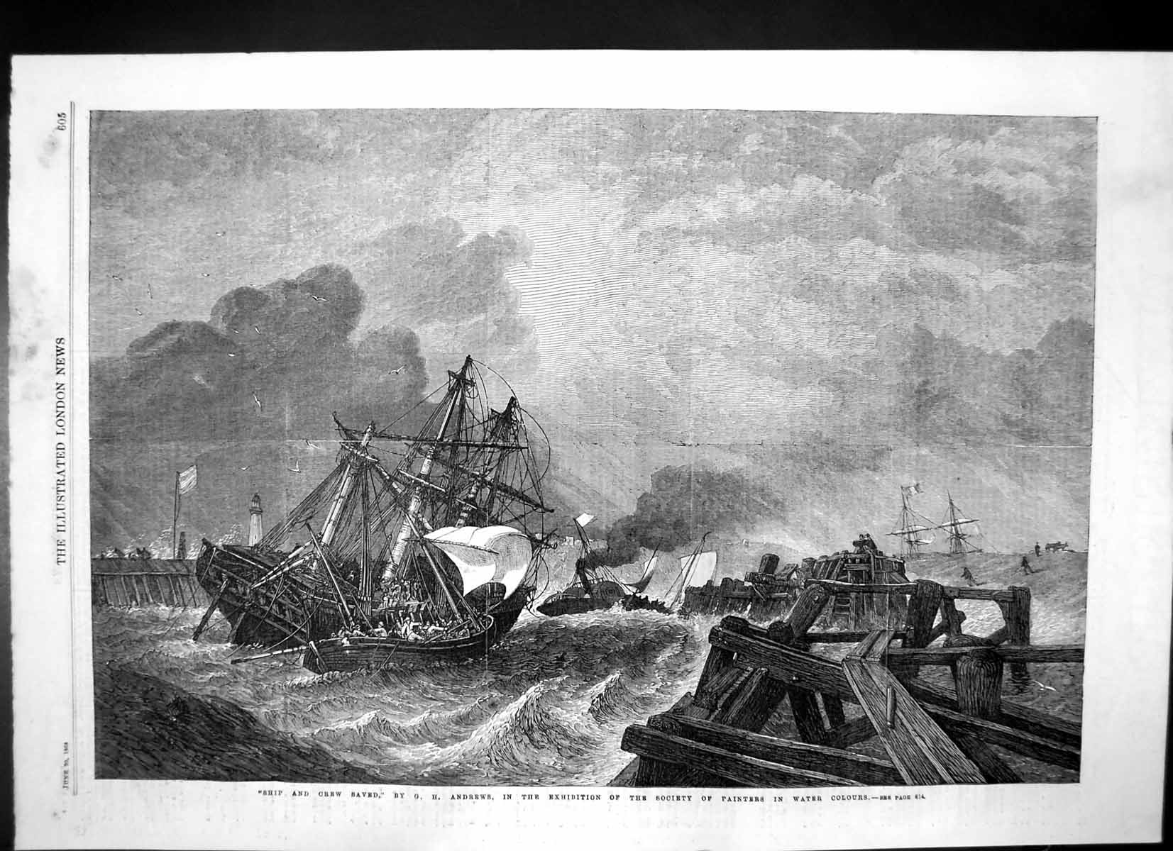 Antique Old Print Ship Crew Saved Storm Ship Wrecked Boat Rescues Crew 1868
