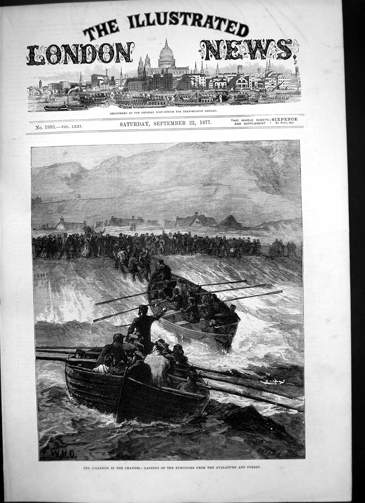 Antique Old Print Collision Channel Landing Survivors Avalanche Forest 1877