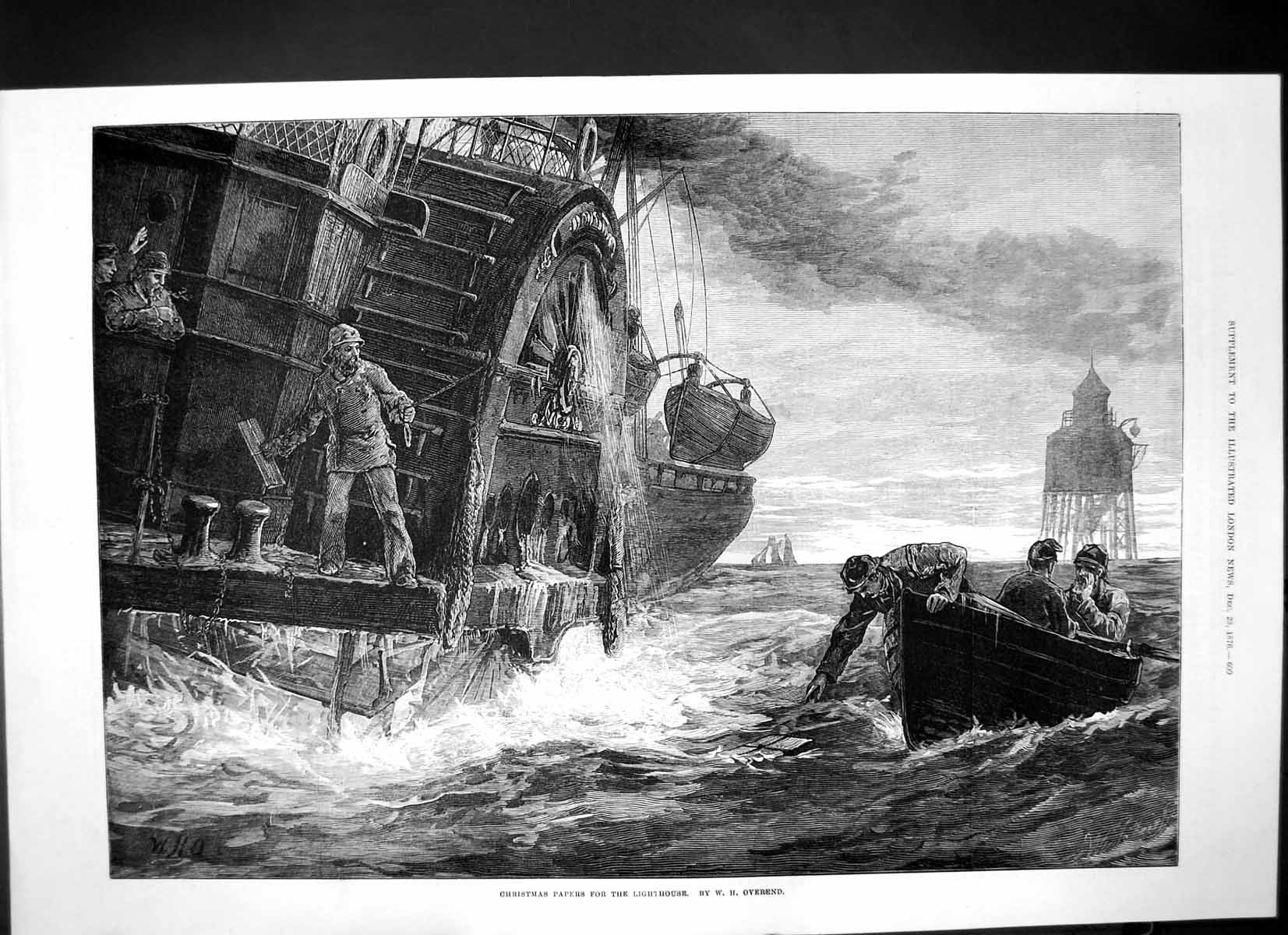 Original Old Antique Print Christmas Papers Lighthouse Delivered Boat Sea 1876