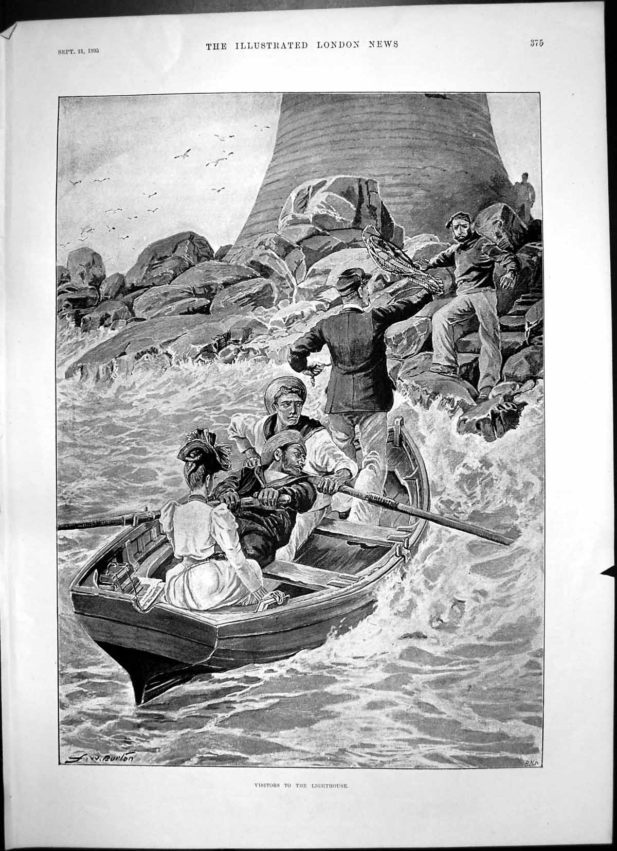 Old Antique Print Visitors Lighthouse Couple Rowing Boat Rope Thrown 1895 19th