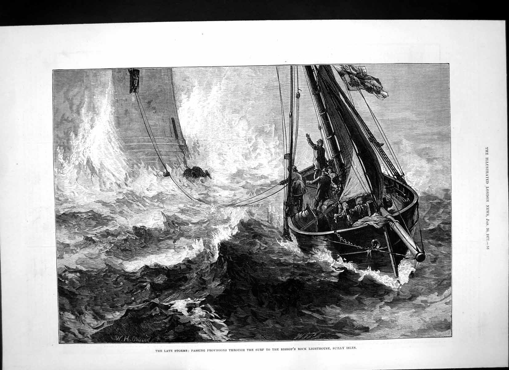 Old Passing Provisions Surf Bishops Rock Lighthouse Scilly Isles 1877 Victorian