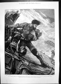 Old Antique Print Man Struggling Slippery Deck Re Emerged Baby Arms 1882 19th