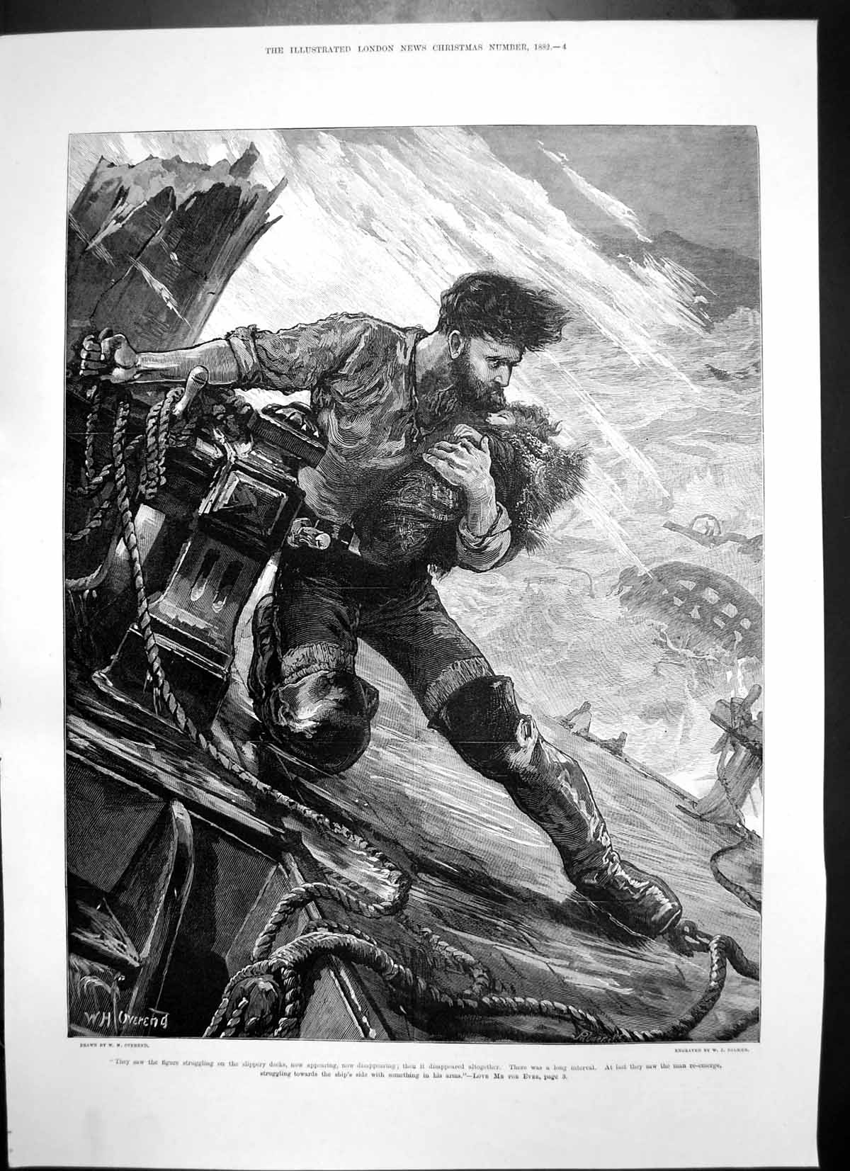 Old Antique Print Man Struggling Slippery Deck Re Emerged Baby Arms 1882 19th