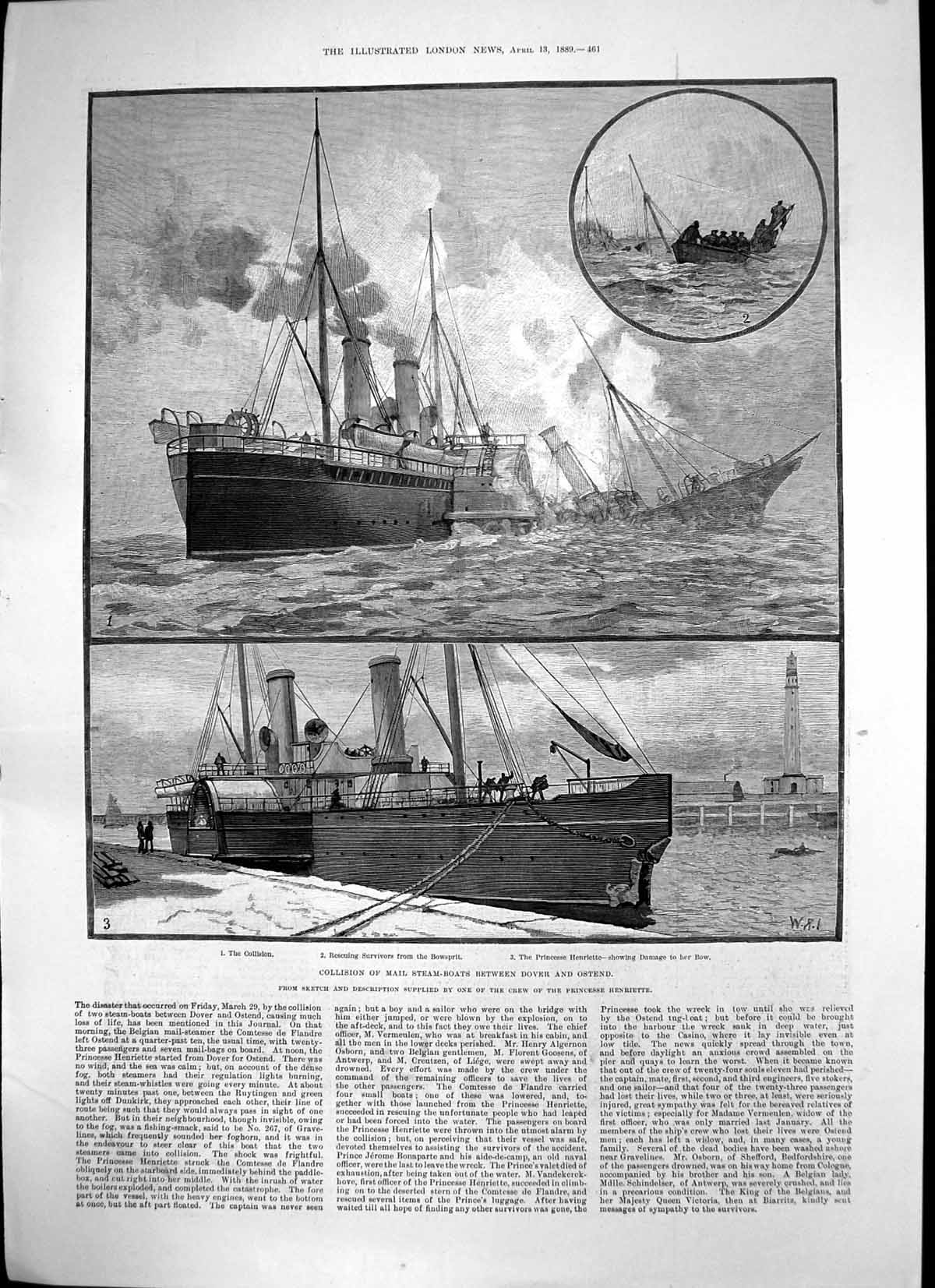 Old Print Collision Mail Steam Boats Dover Ostend Bowsprit Henriette1889 19th