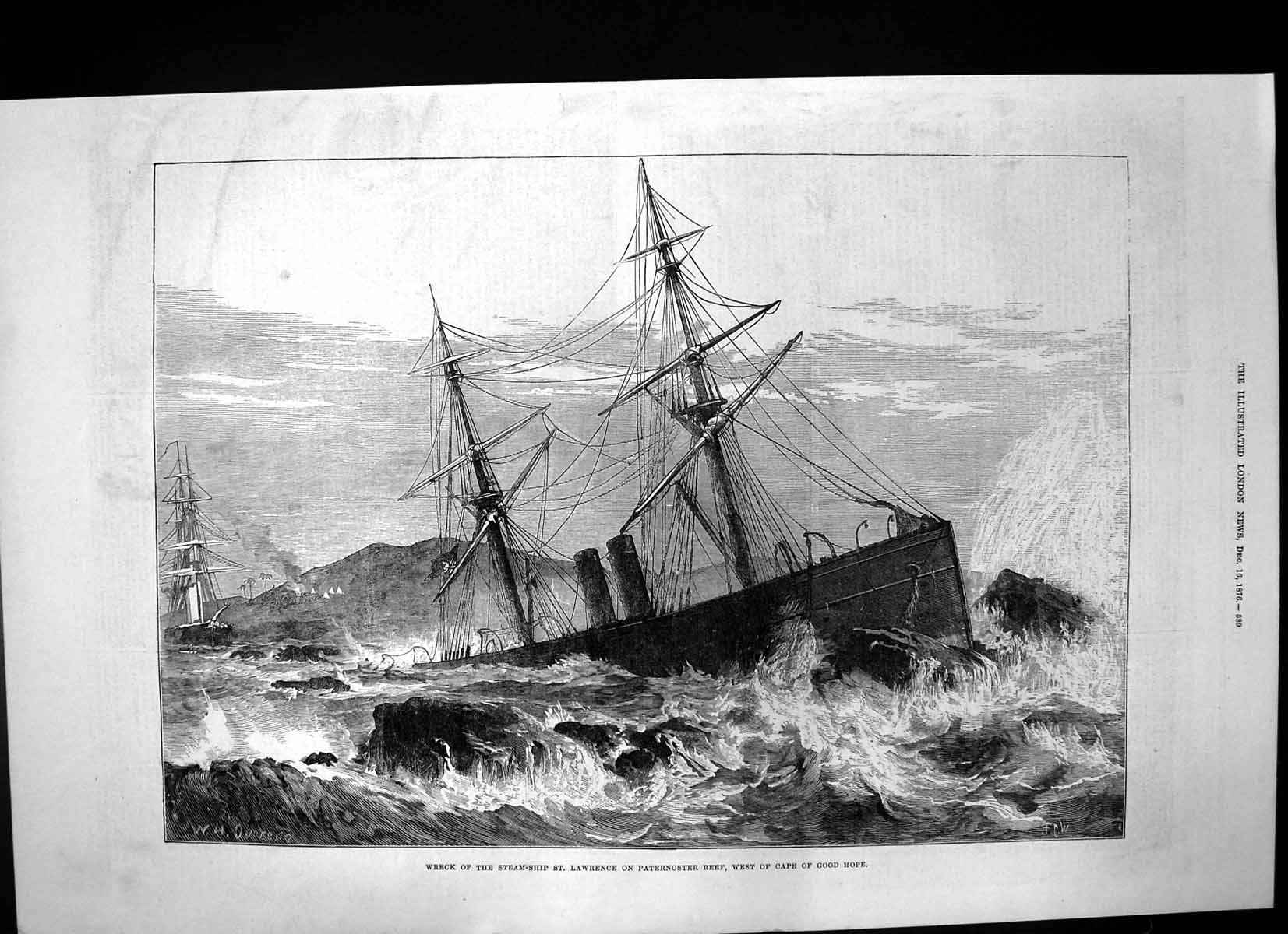 Old Print Wreck Steam Ship St Lawrence Paternoster Reef Cape G Hope 1876 19th