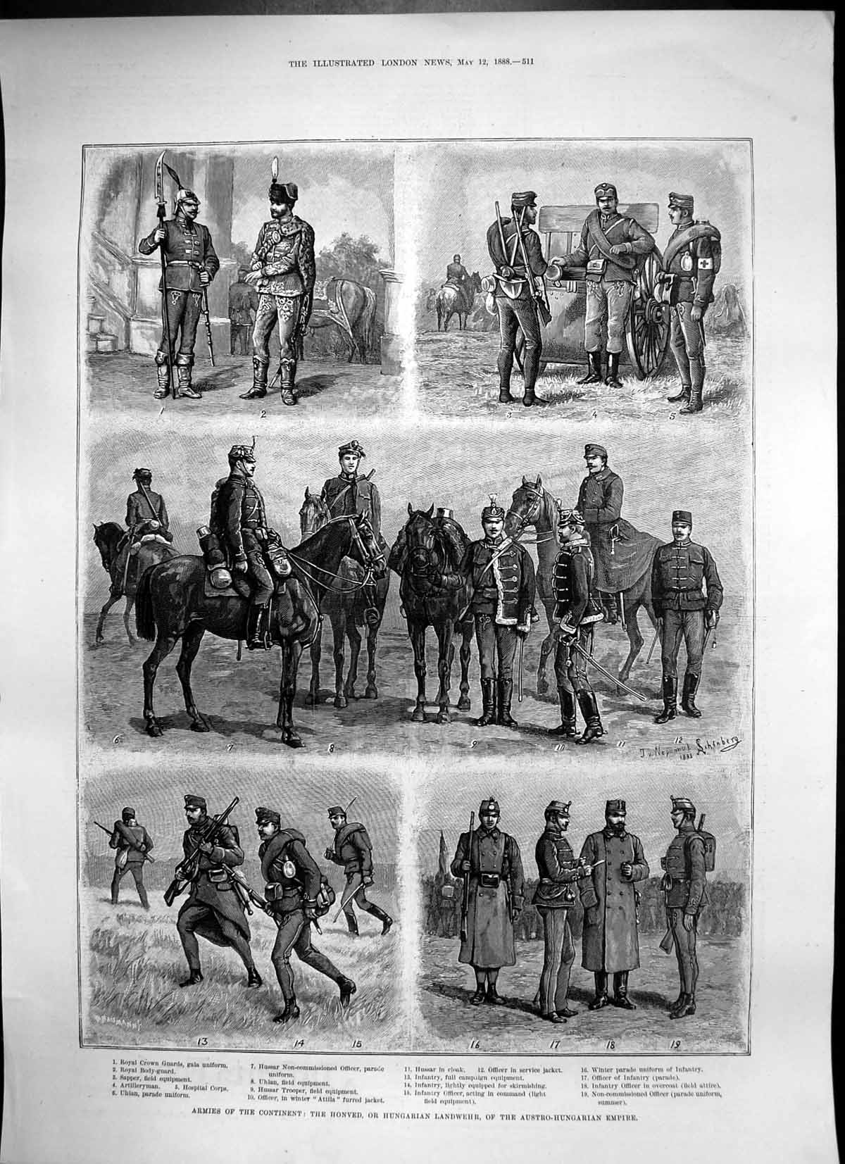 Original Old Antique Print Armies Continent Honved Hungarian Landwehr 1888 19th