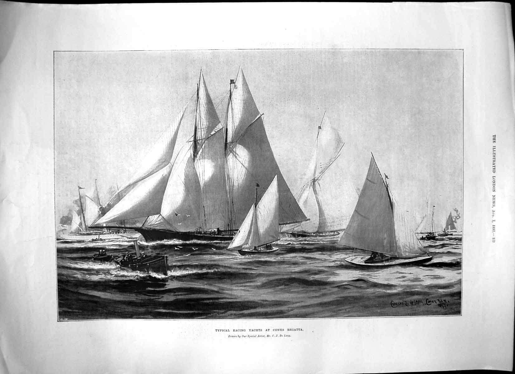 Original Old Antique Print Typical Racing Yachts Cowes Regatta C J De Lacy 1897