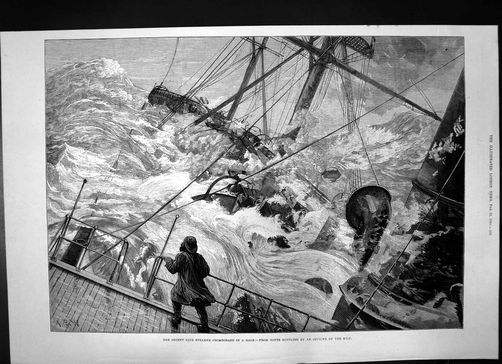 Original Old Antique Print Orient Line Steamer Chimborazo Gale Huge Waves 1880