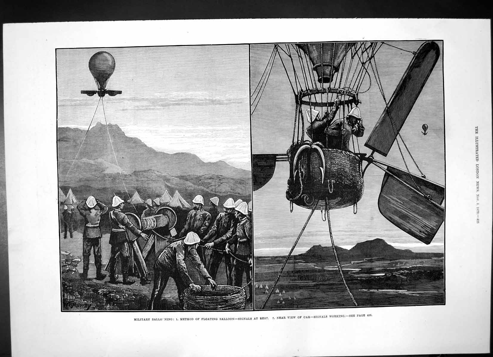 Antique Old Print Military Ballooning Floating Balloon Signals Working 1879