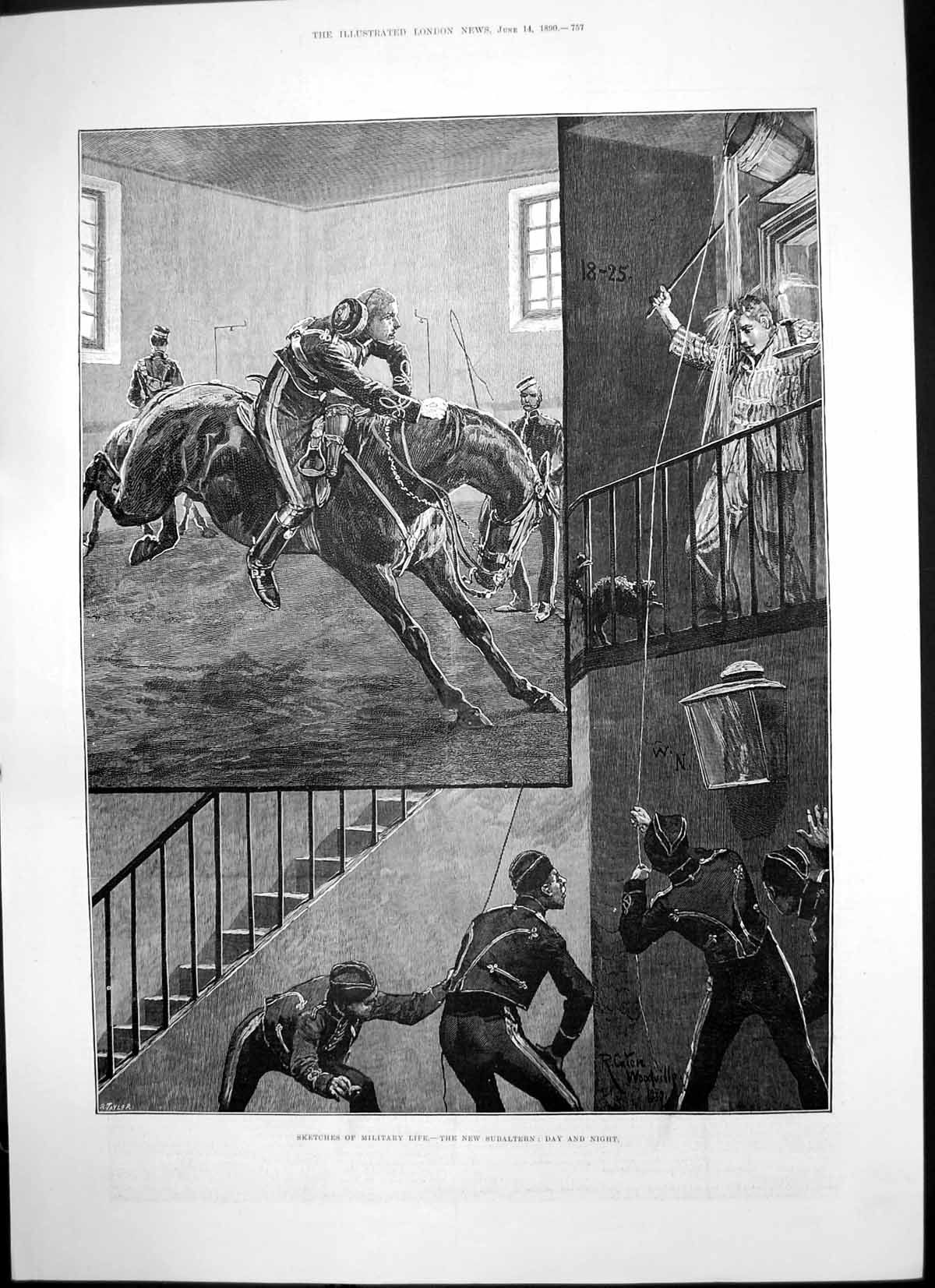 Original Old Antique Print Sketches Military Life New Subaltern Day Night 1890