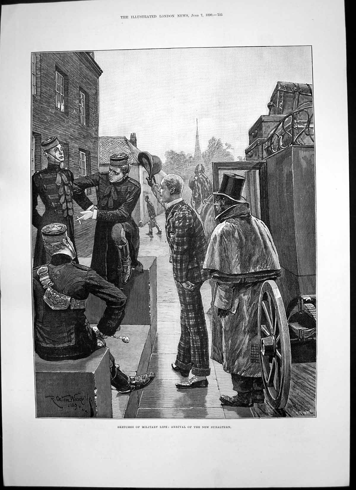 Original Old Antique Print Sketches Military Life Arrival New Subaltern 1890