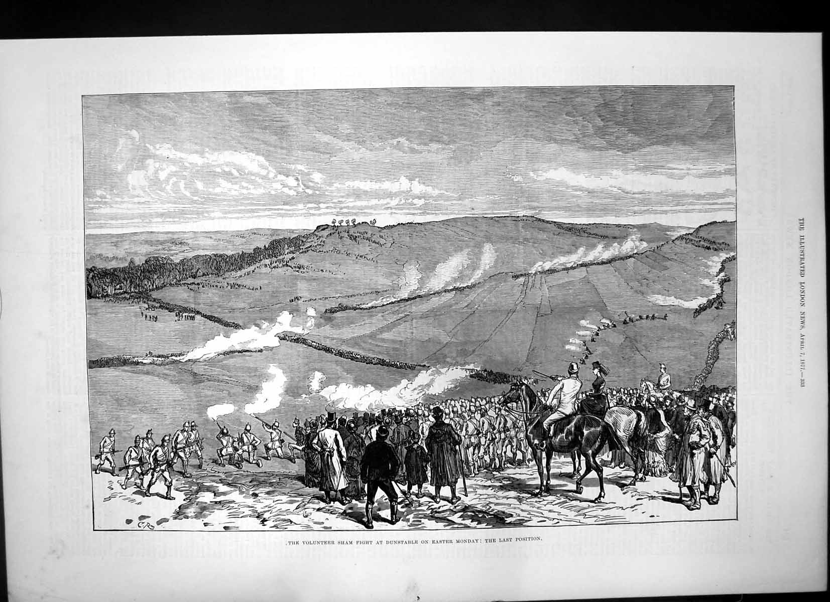 Original Old Antique Print Volunteer Sham Fight Dunstable Easter Monday 1877