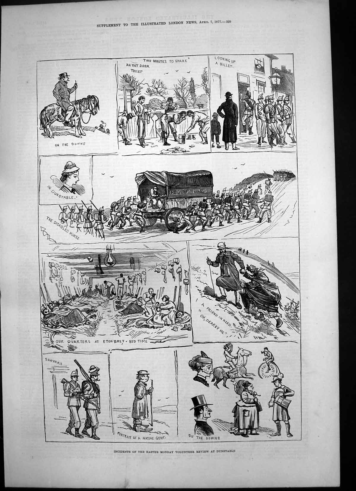 Old Antique Print Incidents Easter Monday Volunteer Review Dunstable 1877 19th