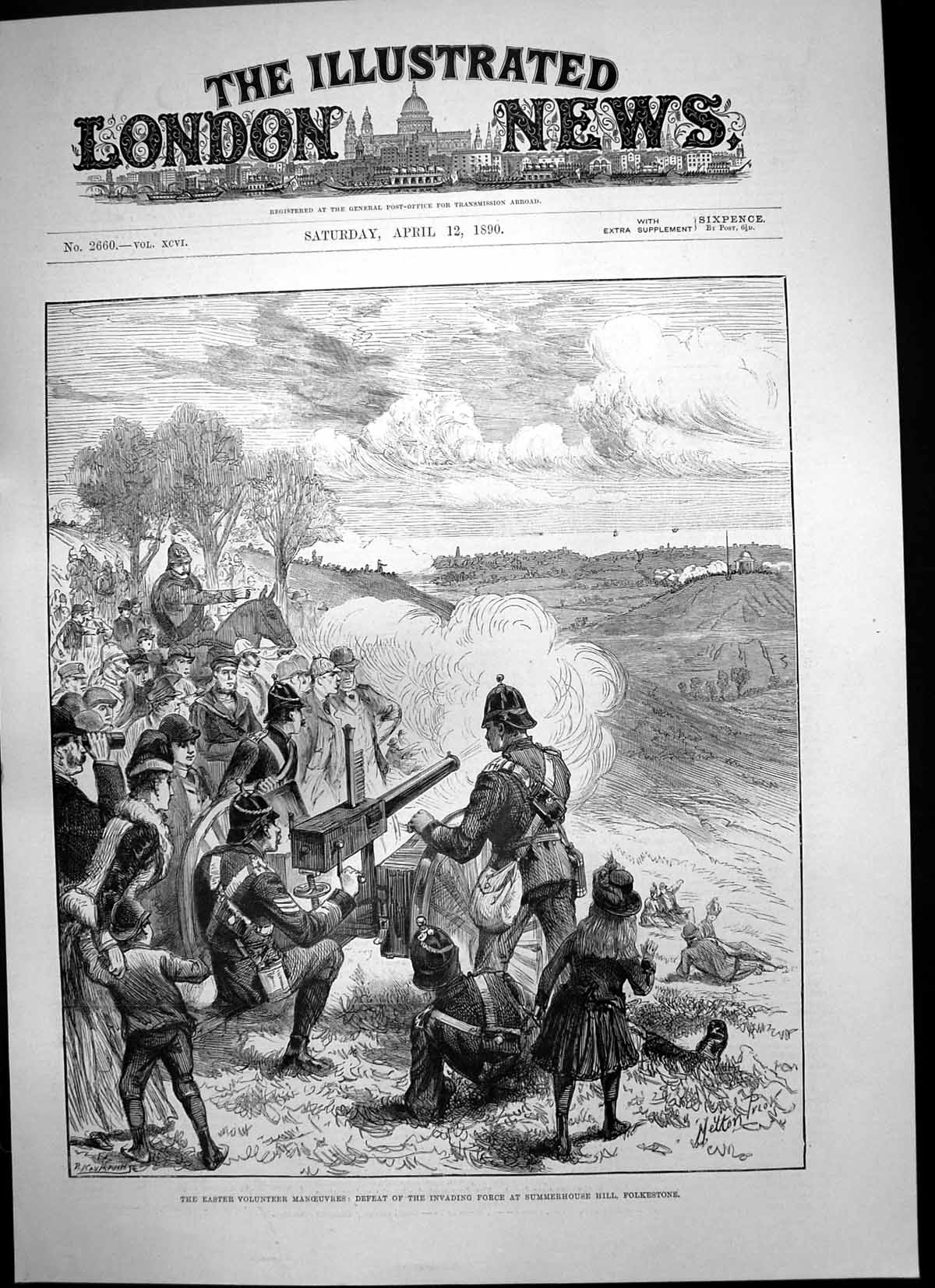 Old Antique Print Volunteers Defeat Invading Force Summerhouse Hill 1890 19th