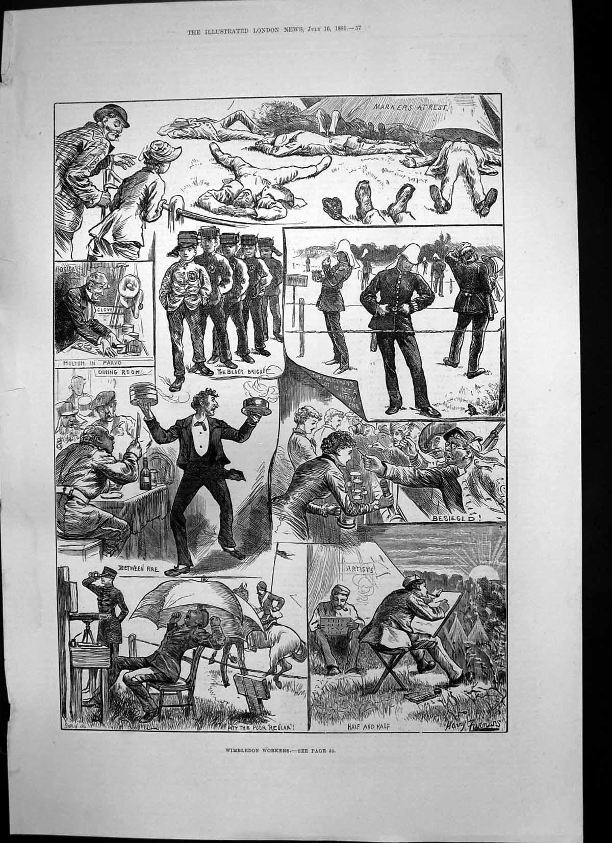 Original Old Antique Print Wimbledon Workers Artists Hosiery Policeman 1881