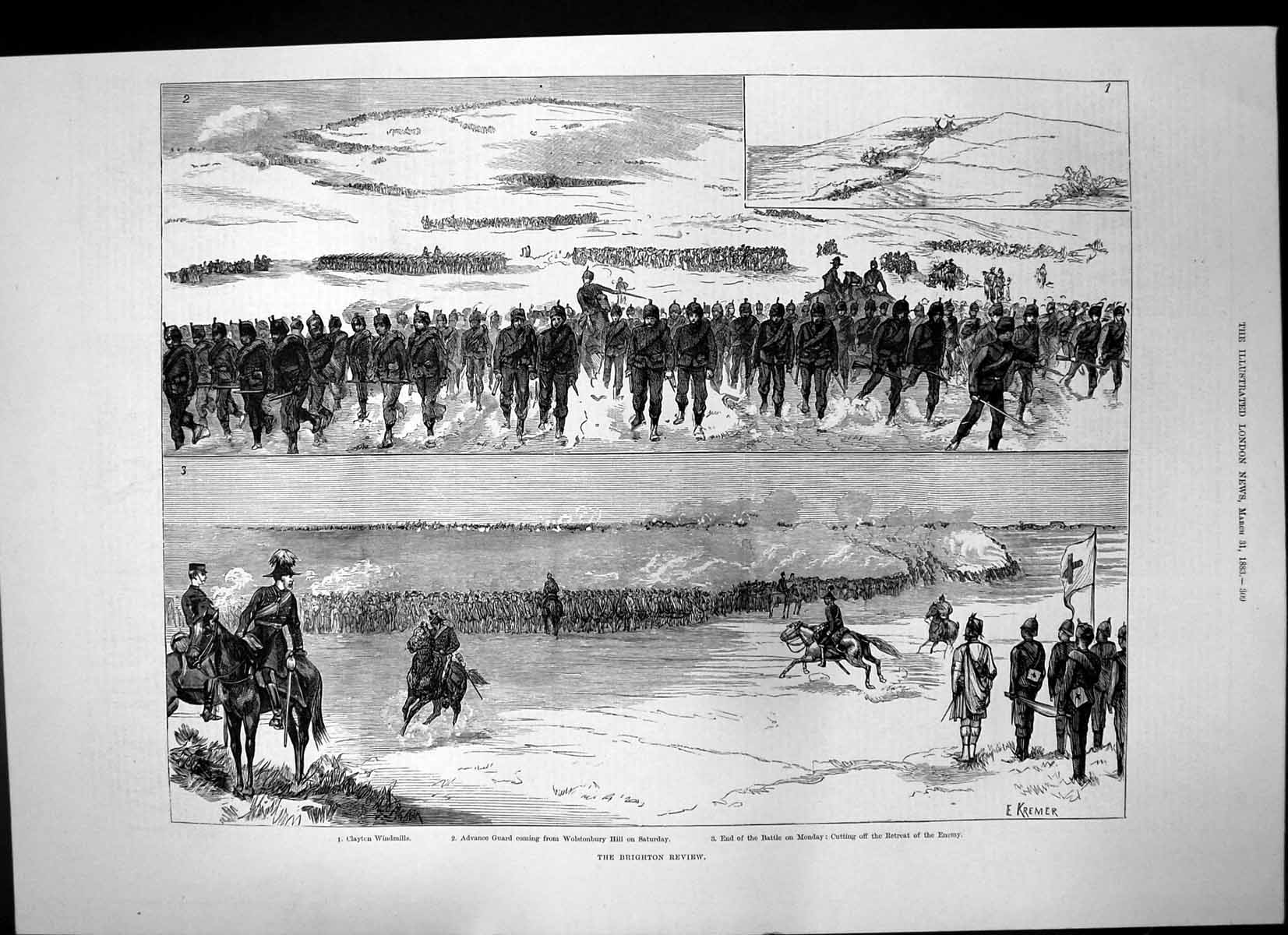 Original Old Antique Print Brighton Review Advance Guard Wolstonbury Hill 1883