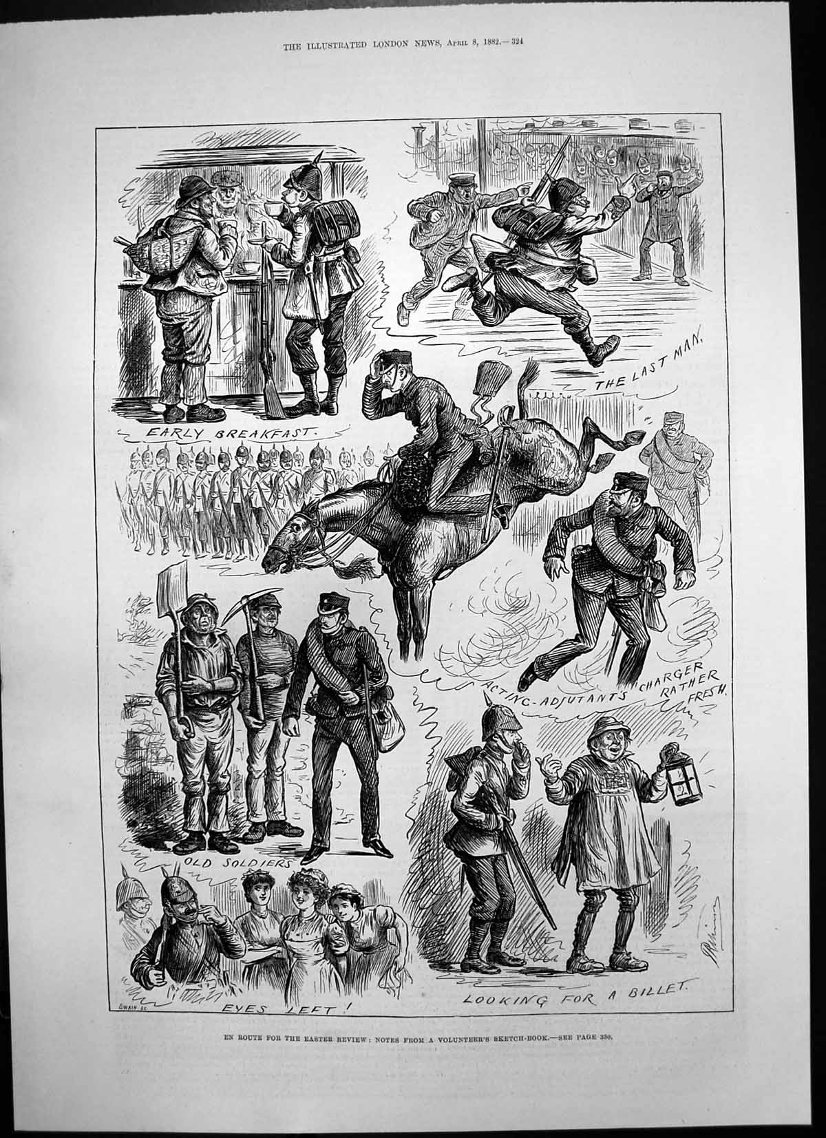 Antique Old Print En Route Easter Review Notes Volunteers Sketch Book 1882 19th