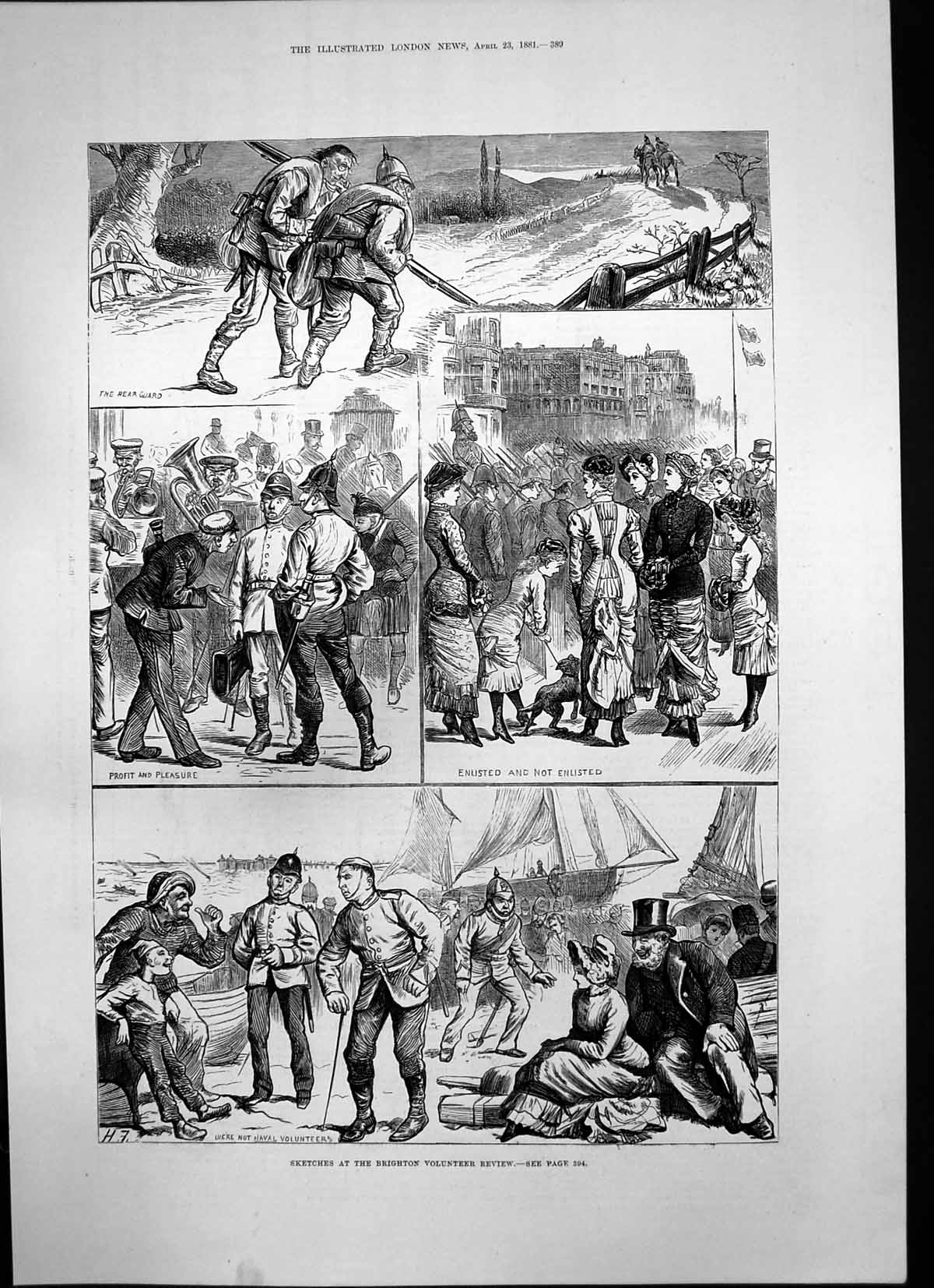 Original Old Antique Print Sketches Brighton Volunteer Review Rear Guard 1881