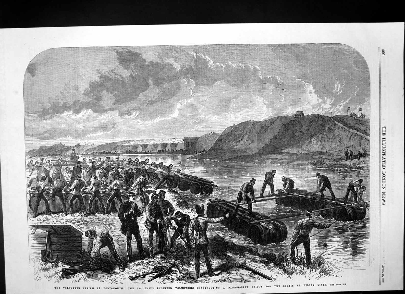 Old Antique Print Volunteer Review Portsmouth Hants Engineers Bridge 1868 19th