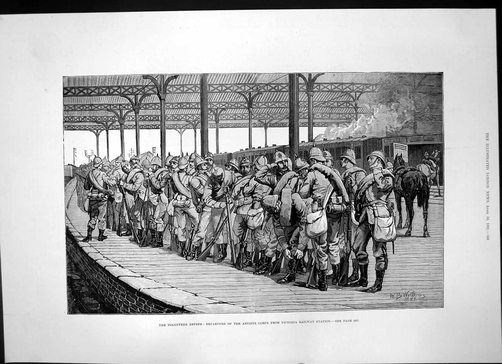 Antique Old Print Volunteers Departure Artists Corps Victoria Station 1881 19th