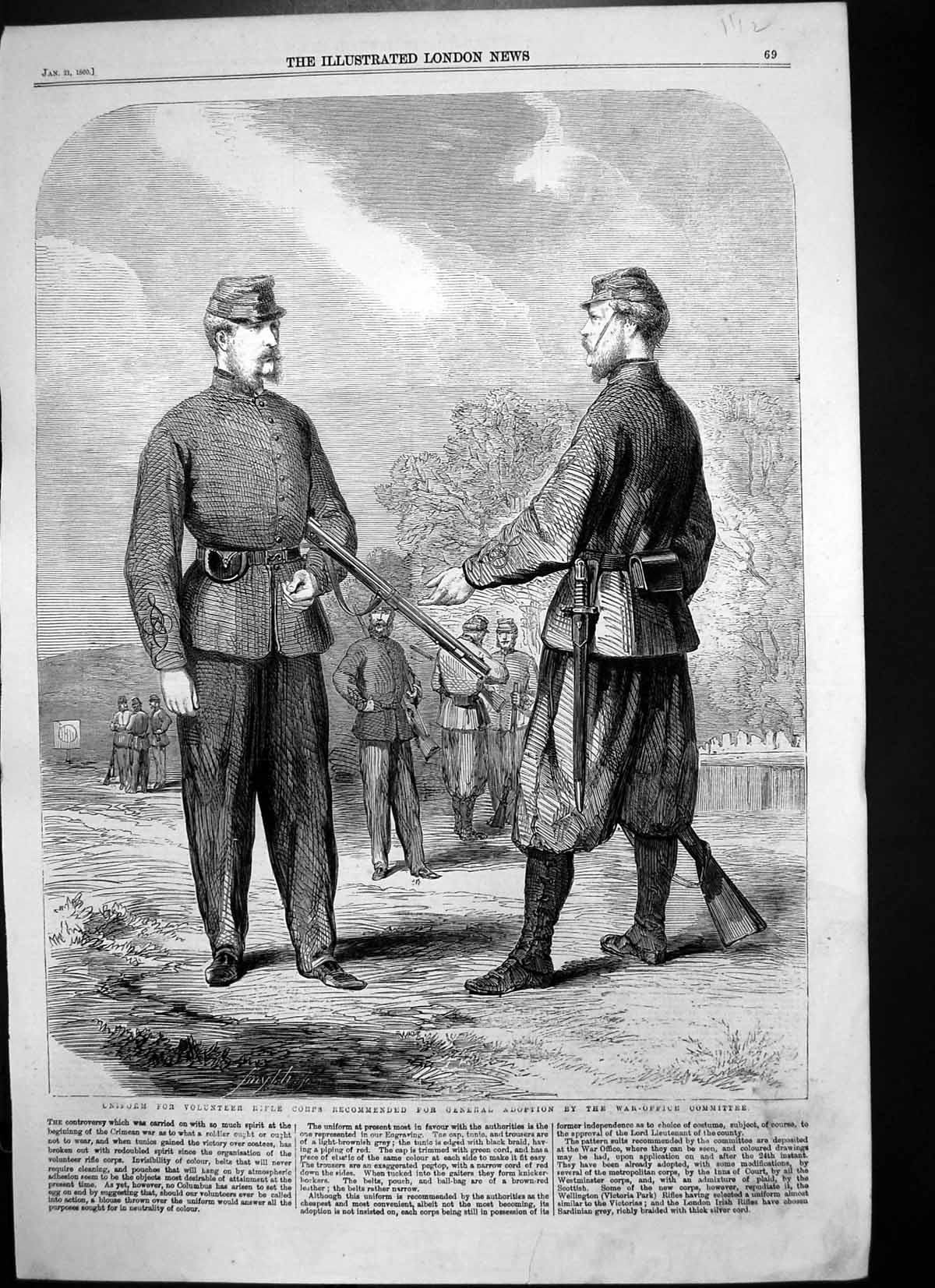 Antique Old Print Uniform Volunteer Rifle Corps Recommended War Office 1860