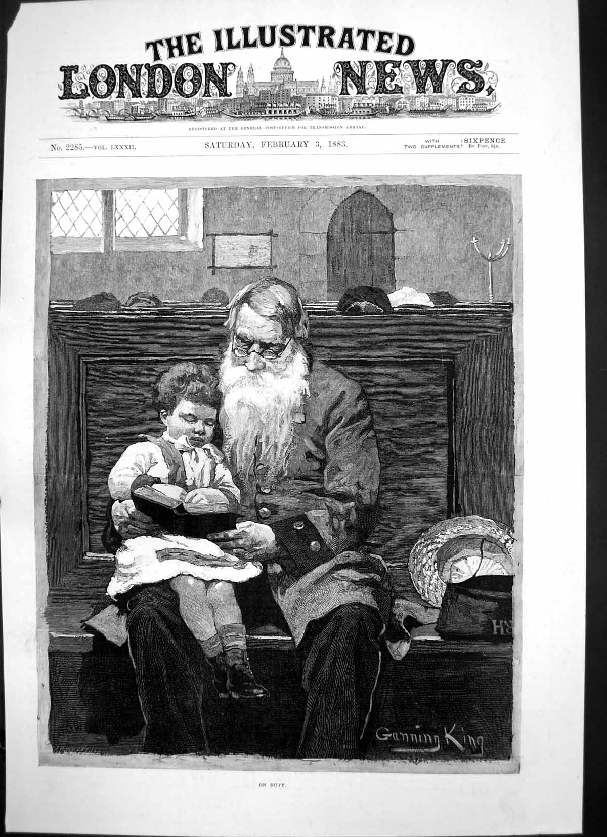 Original Old Antique Print On Duty Gunning King Sier Church Bible Child 1883