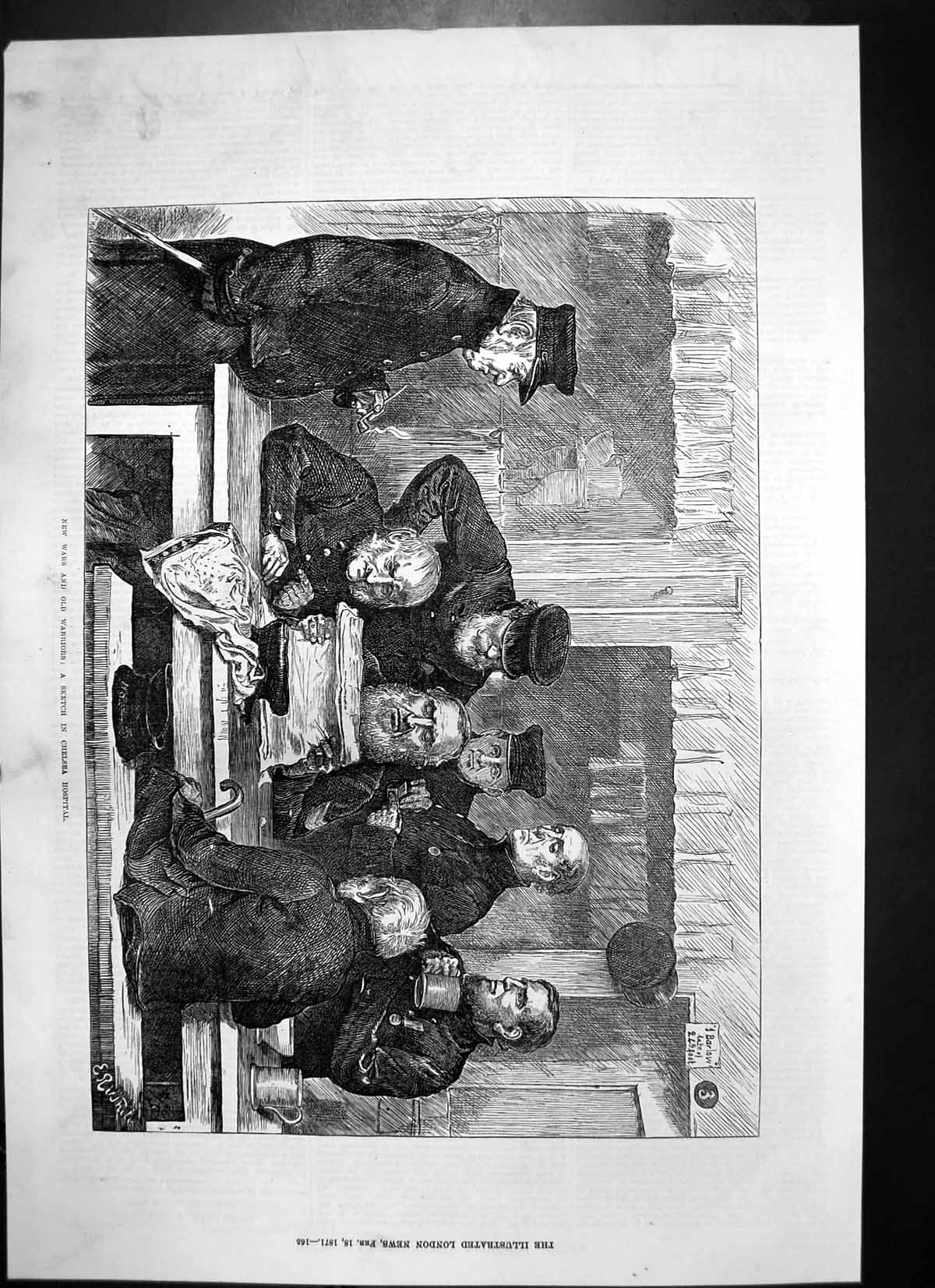 Original Old Antique Print New Wars Warriors Sketch Chelsea Hospital 1871 19th