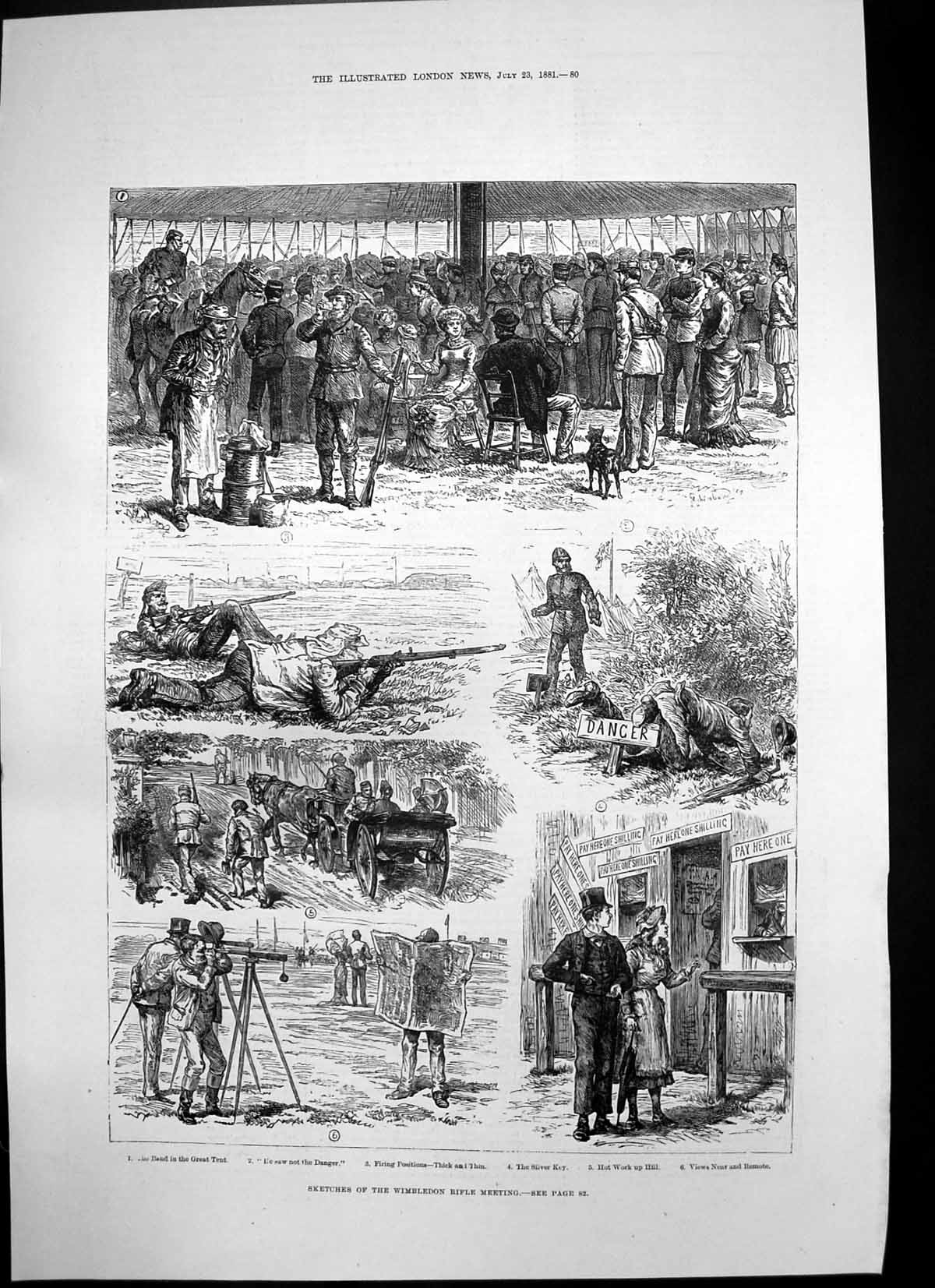 Antique Print Wimbledon Rifle Meeting Band Firing Positions Silver Key 1881