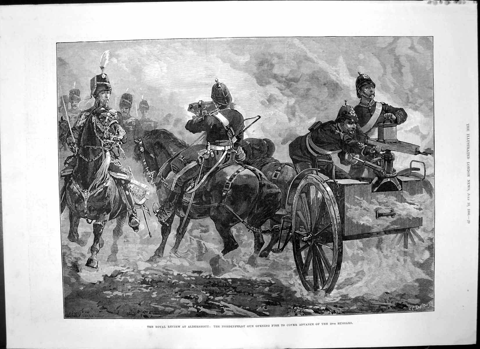 Antique Old Print Royal Review Aldershot Nordenfeldt Gun Advance Hussars 1886