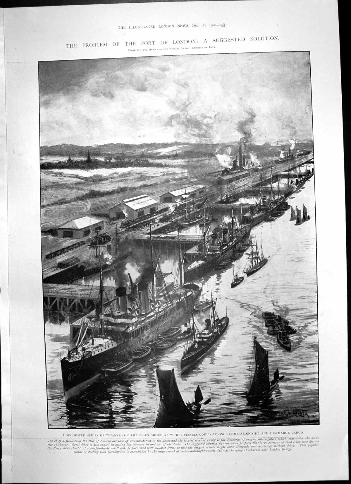Old Antique Print Problems Port London Suggested Wharves Essex Shore 1902 20th