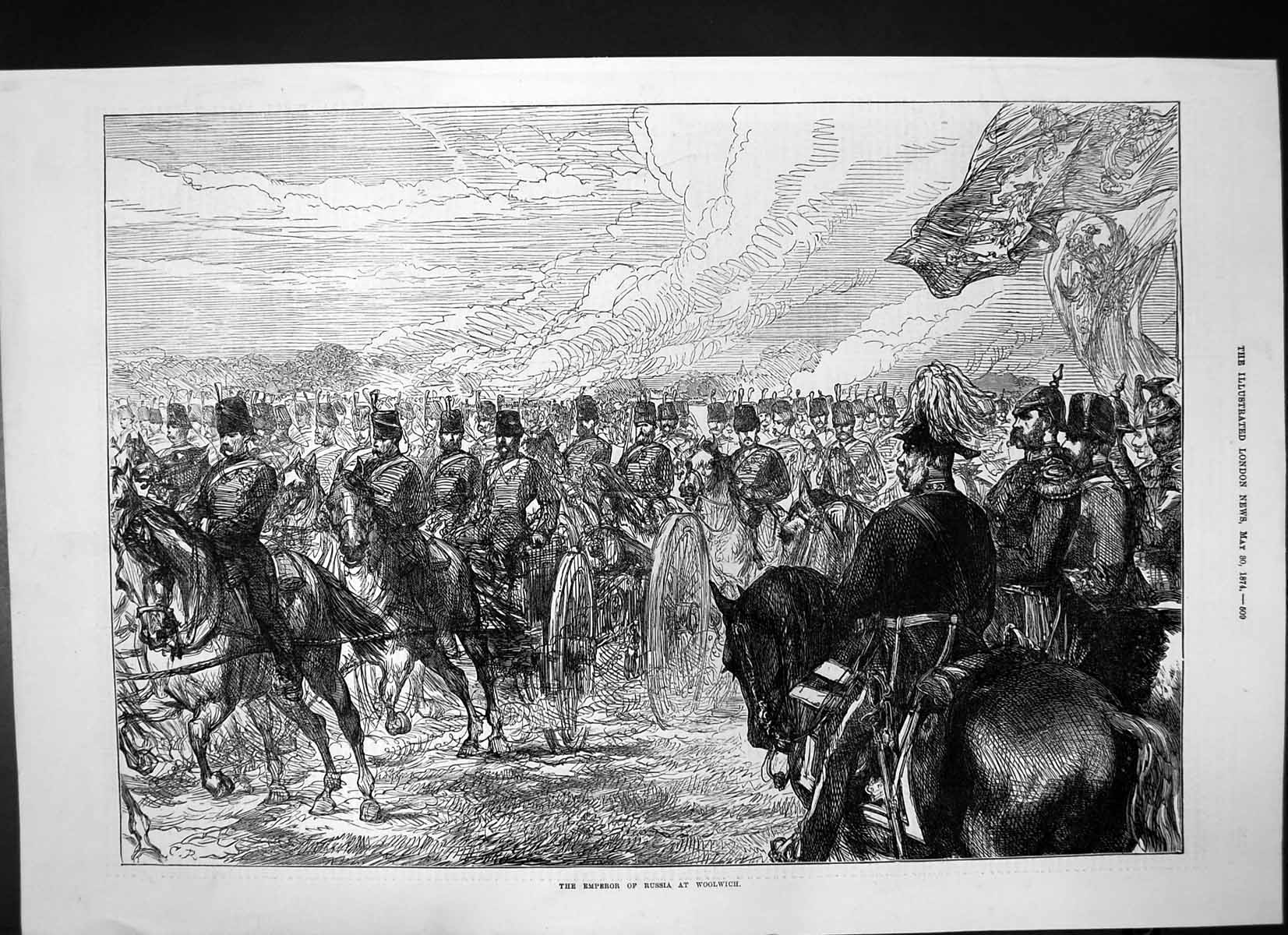 Original Old Antique Print Emperor Russia Woolwich Inspecting Troops 1874 19th