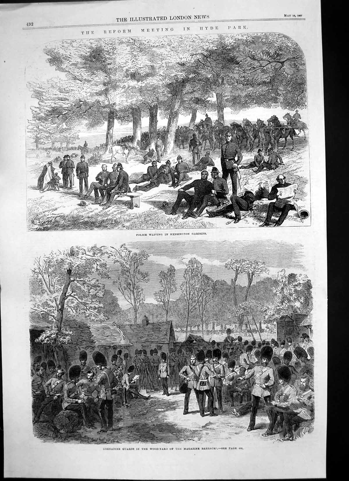 Old Antique Print Reform Meeting Hyde Park Police Grenadier Guards 1867 19th