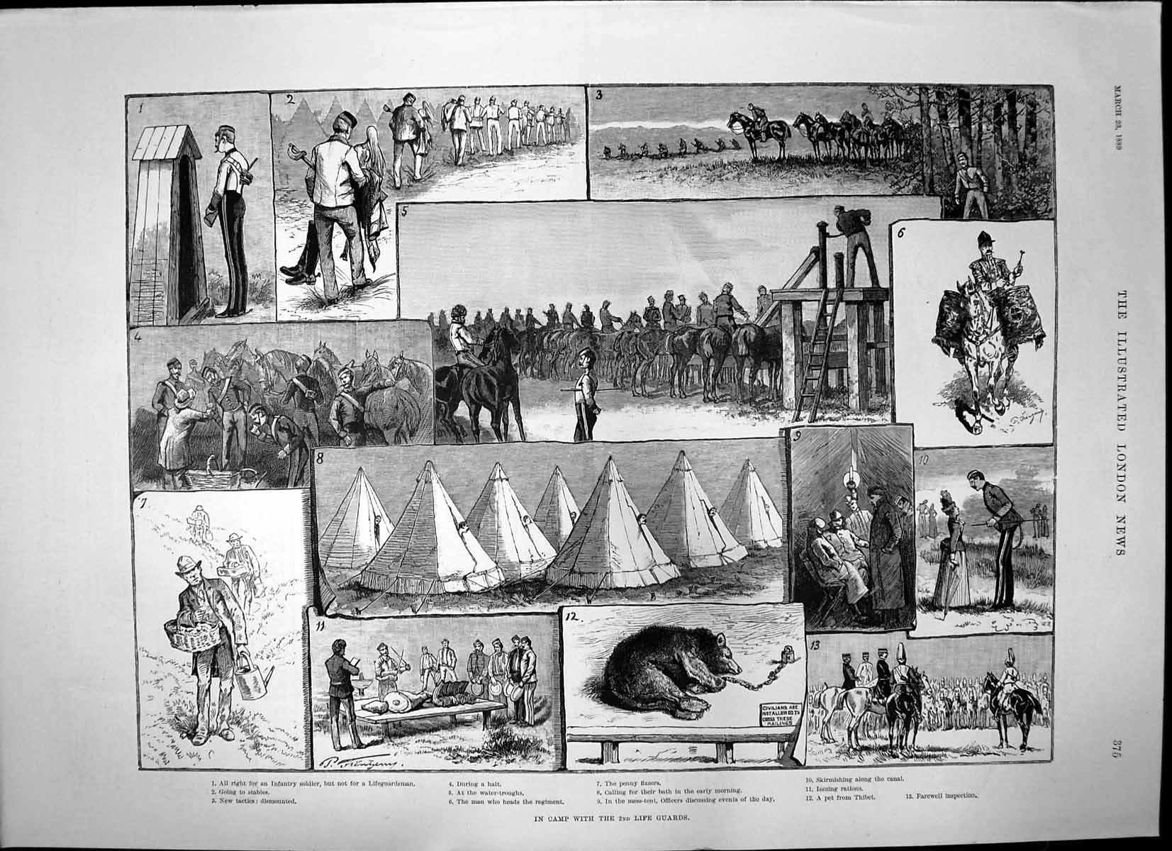 Antique Old Print Camp With 2Nd Life Guards Stables Mess Tent Inspection 1889