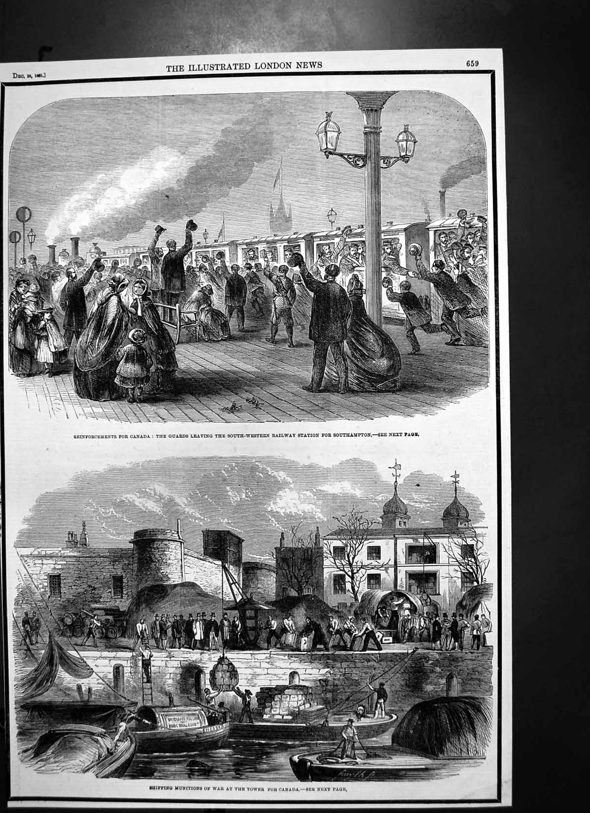 Antique Old Print Shipping Munitions War Tower Canada Guards Southampton 1861