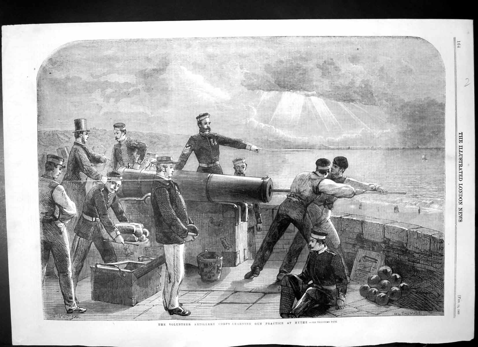 Antique Old Print Volunteer Artillery Corps Learning Gun Practice Hythe 1860