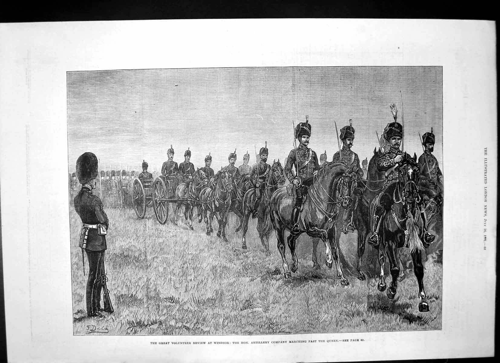 Original Old Antique Print Hon Artillery Co March Past Queen Windsor 1881 19th