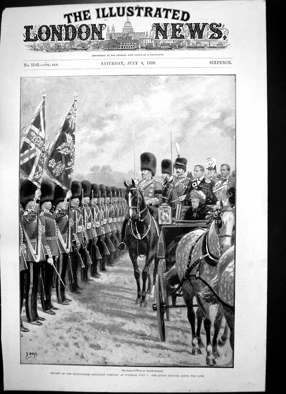 Antique Old Print Review Artillery Co Windsor Queen Driving Along Line 1899