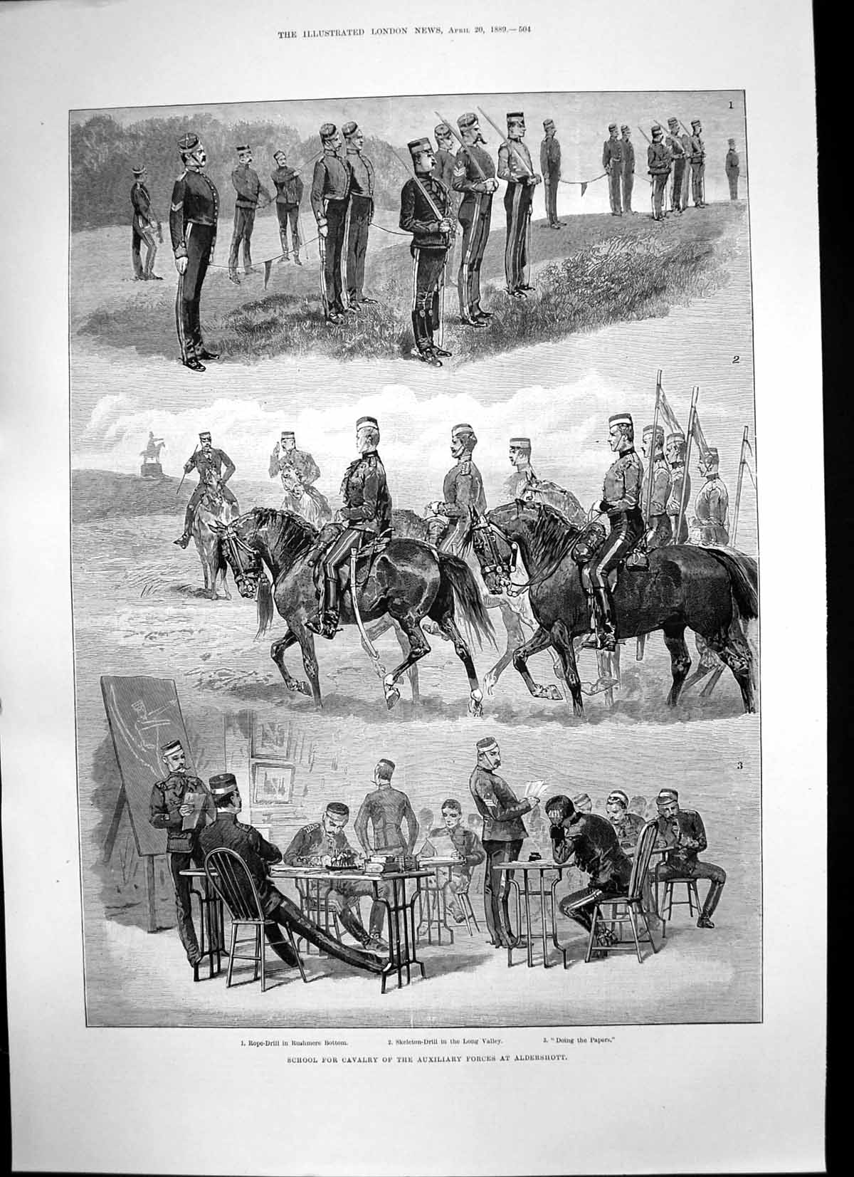 Antique Old Print School Cavalry Auxiliary Forces Aldershot Rope Drill 1889