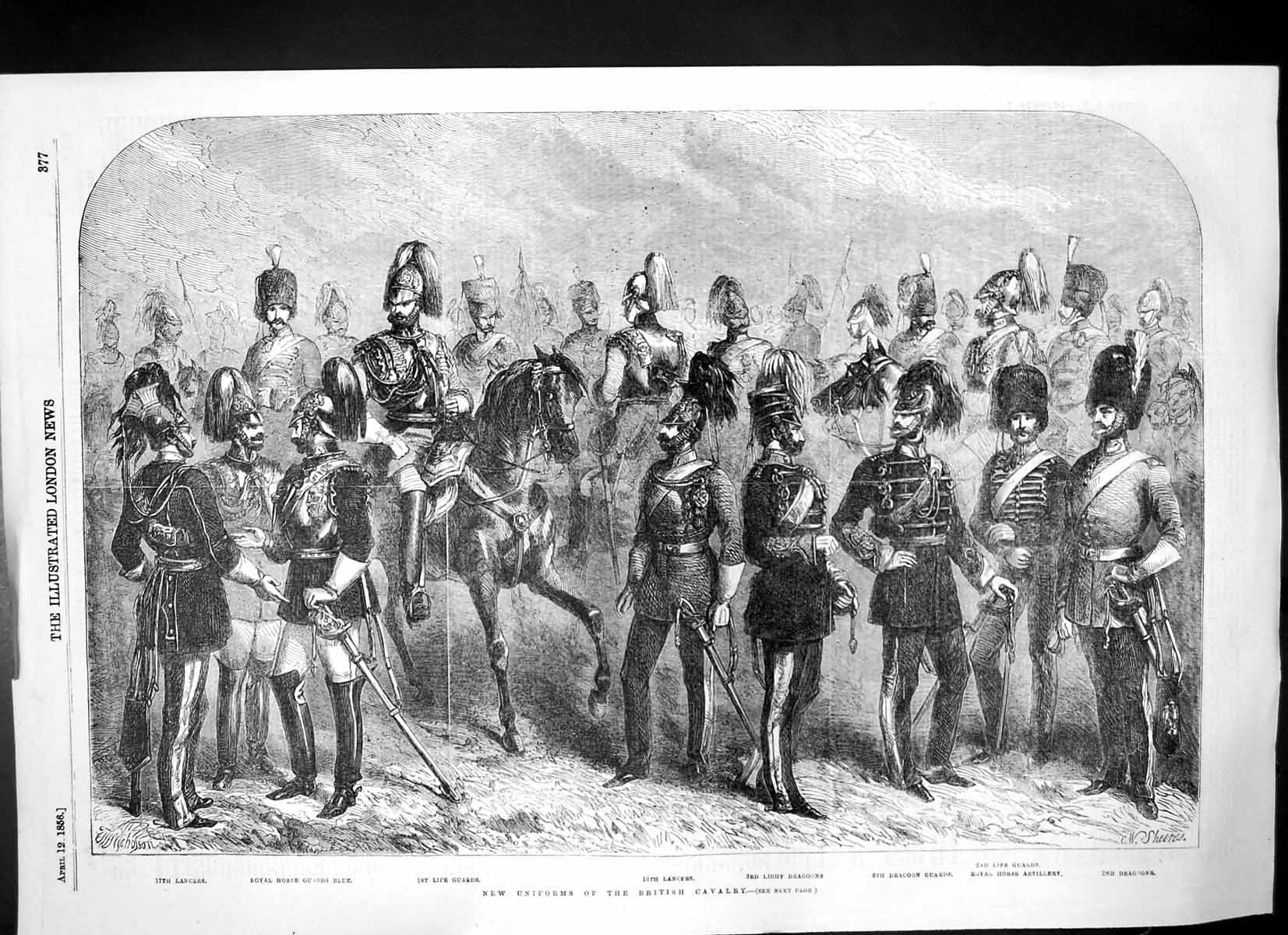 Old Print New Uniforms British Cavalry Royal Horse Artillery Lancers 1856 19th